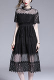 Black Lace Short Sleeve Midi Dress