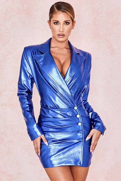 Bright Blue Leather Blazer Mini Dress