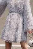 Feather Tassel long Sleeve V-neck Mini Dress