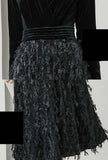 Fringe Velvet Patchwork V-neck Black Midi Dress