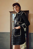 Pearl Decoration Mid-length Black Tweed Coat