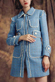 Pearl Decoration Slim Blue Tweed Long Overcoat