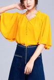 Ruffled V-neck Solid Color Chiffon Blouse