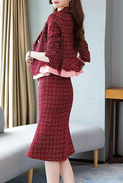 Wine Red Tweed Blazer & Midi Fishtail Skirt Suits