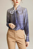 100% Silk Striped Bow Tie Long Sleeves Blouse