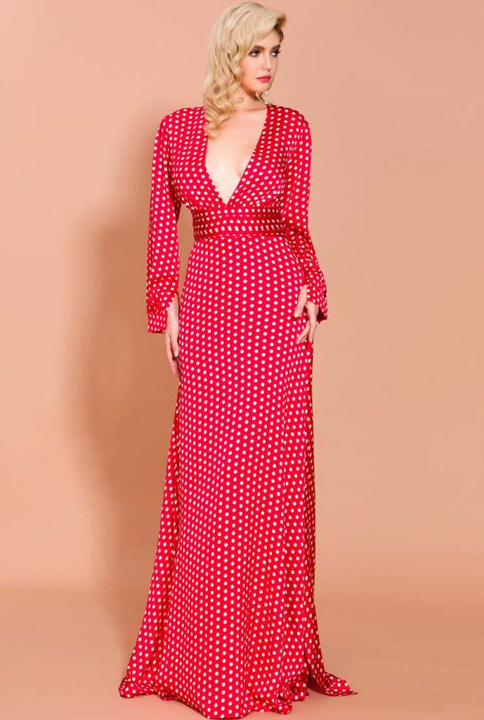 Deep V-neck Dots Print Side Slit Boho Maxi Dress