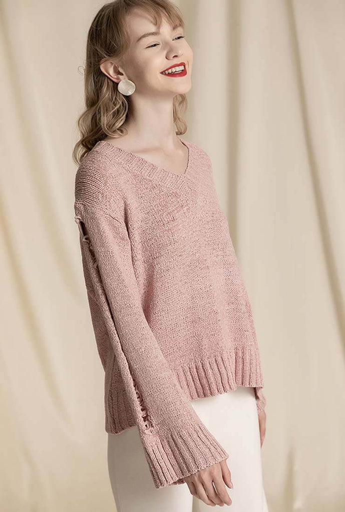 V-neck Hollow Out Knit Loose Top Sweater