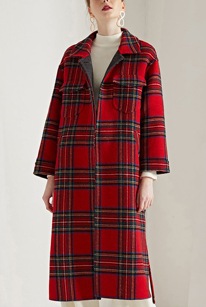 Hand Stitched Reversible Wool Red Grid Coat