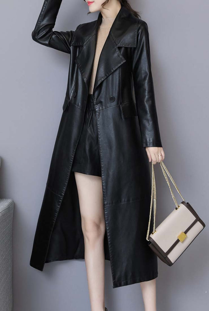 2019 Vintage Black Leather Trench Long Coat 