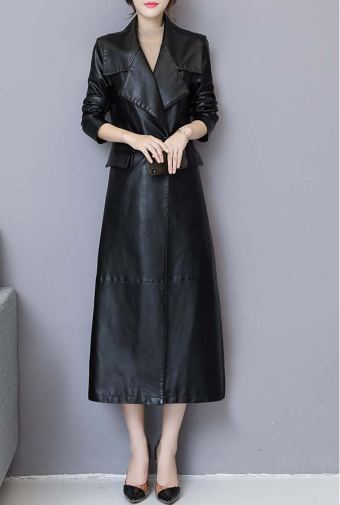 2019 Vintage Black Leather Trench Long Coat 
