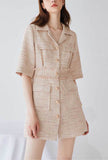 Lapel Collar Slim A-line Tweed Shirt Dress