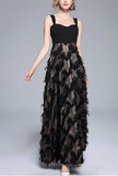 Fringed Feather Patchwork Suspender Maxi Dress