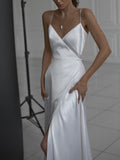 White Suspenders Tight-fitting Slit Long Dress