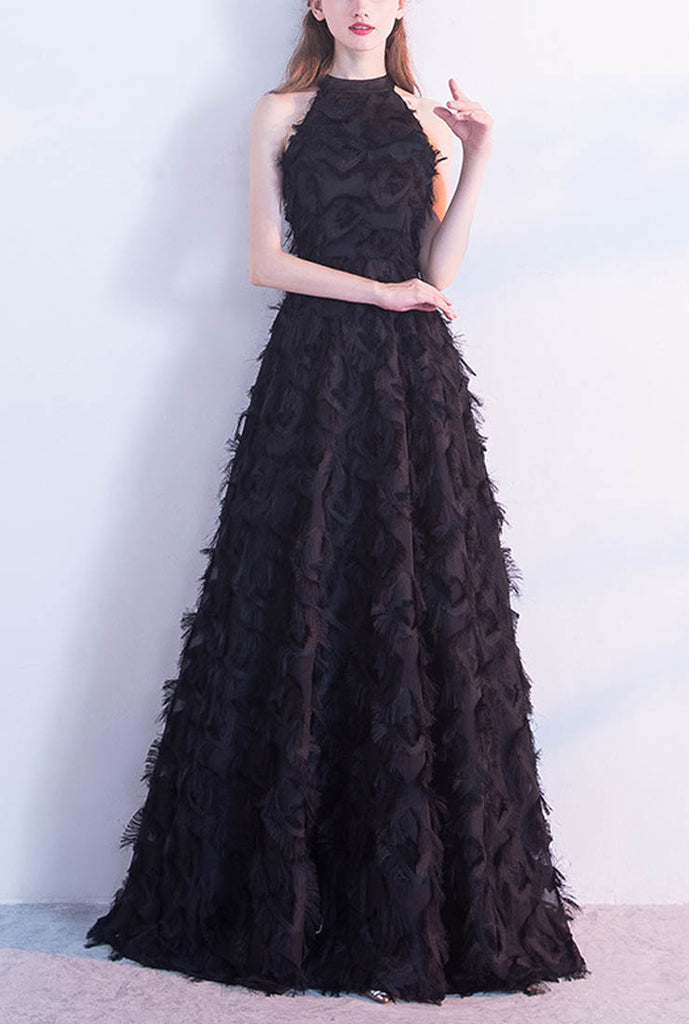 Fringed Feather Patchwork Backless Formal Maxi Dress