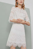 Solid Color Long Sleeve Floral Lace Midi Dress