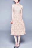 Sleeveless Fringed Feather Patchwork Lace Midi Dress