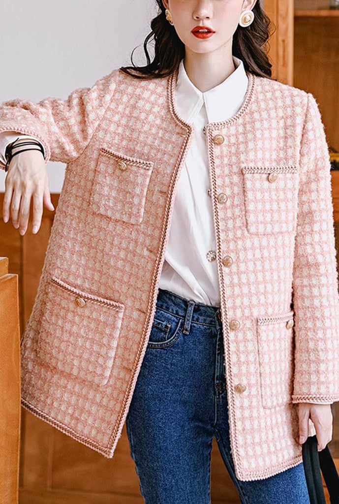 Front Pockets Single Breasted Pink Tweed Jacket 