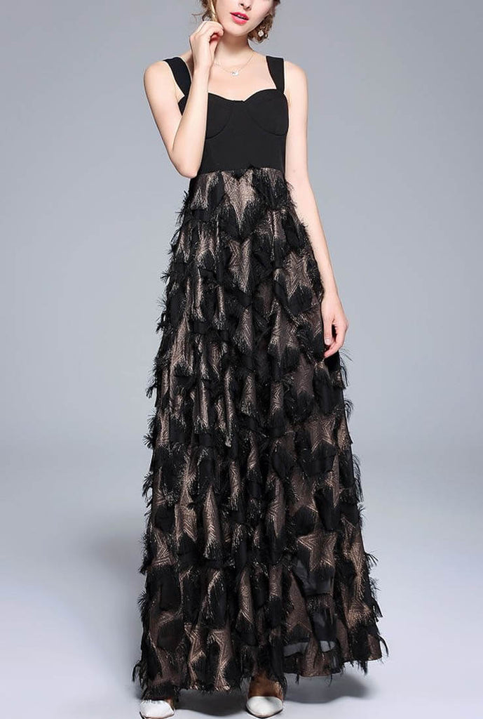 Fringed Feather Patchwork Suspender Maxi Dress
