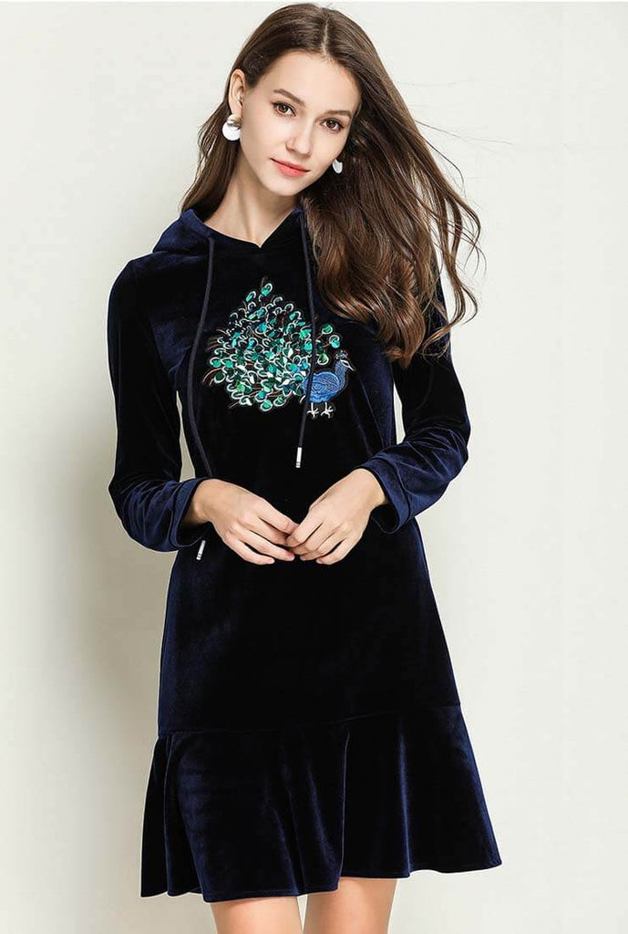 Splicing Embroidered Design Velvet Hooded Shirt Dress