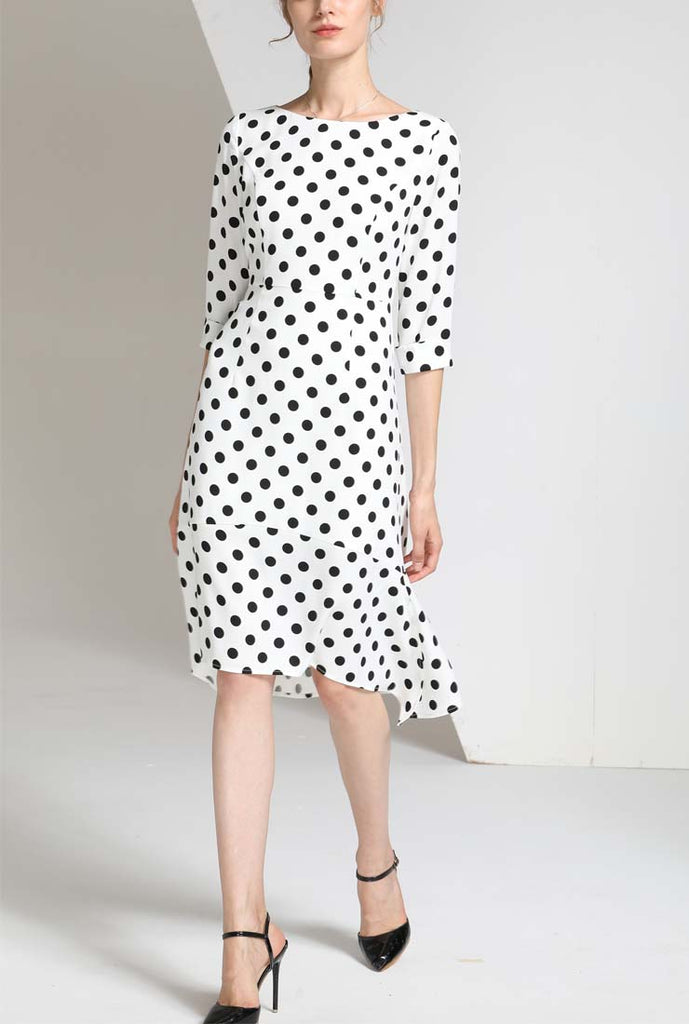 Polka Dots Back Zipper Half Sleeve Midi Dress