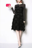 Long Sleeved Fringed Feather A-line Midi Dress