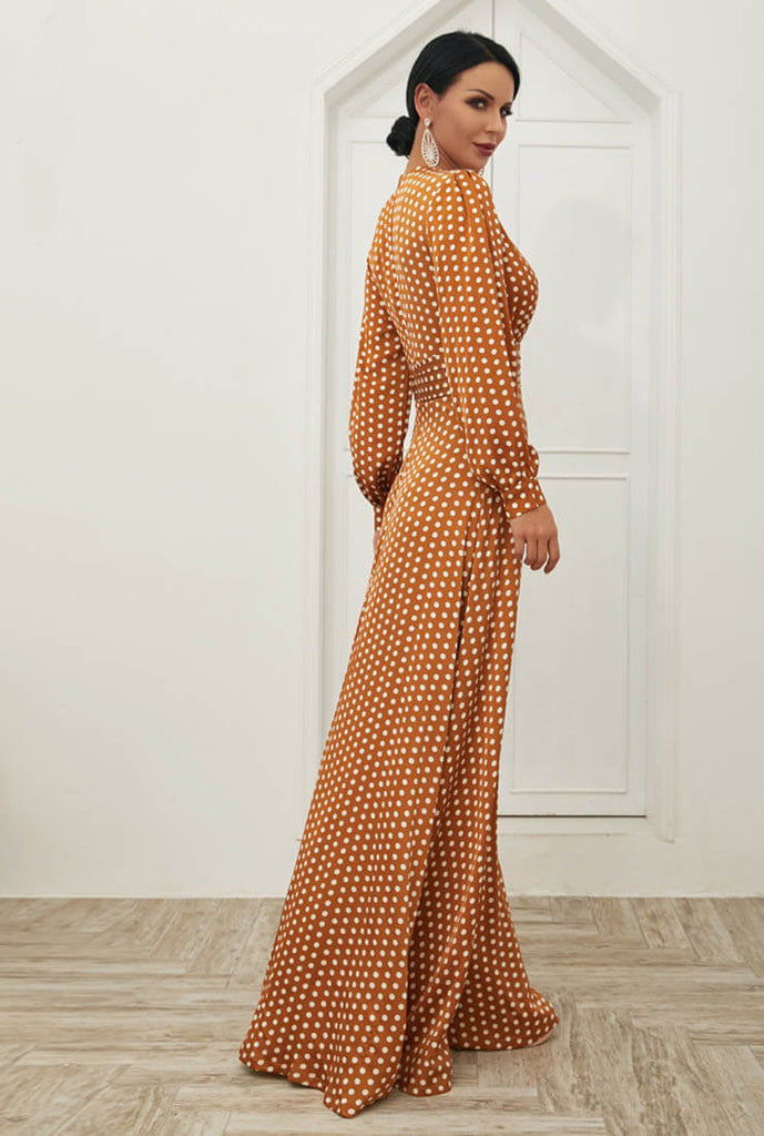 Deep V-neck Dots Print Side Slit Boho Maxi Dress