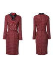 Women's Red Bow Tie Tweed Top + Midi Skirt Two Piece Set