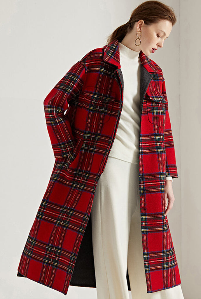 Hand Stitched Reversible Wool Red Grid Coat