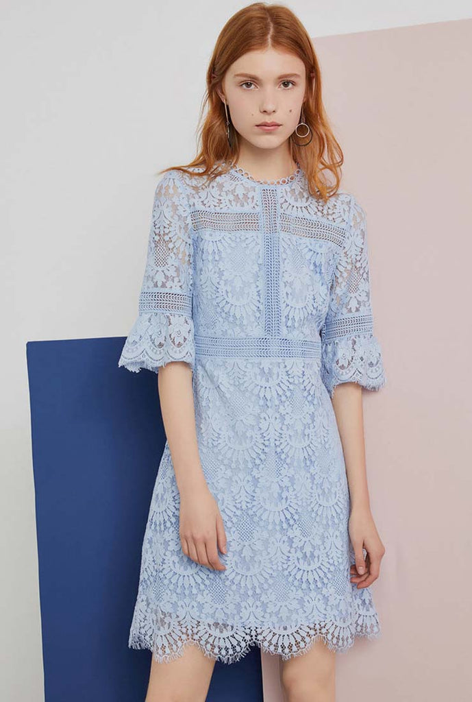 Solid Color Long Sleeve Lace Midi Dress
