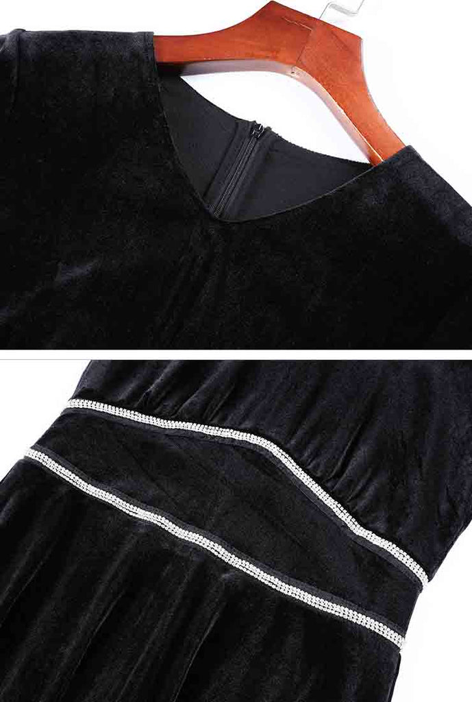V-neck High Waist A-line Velvet Midi Dress