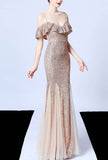 Off The Shoulder Tassels Fishtail Sequin Prom Dress