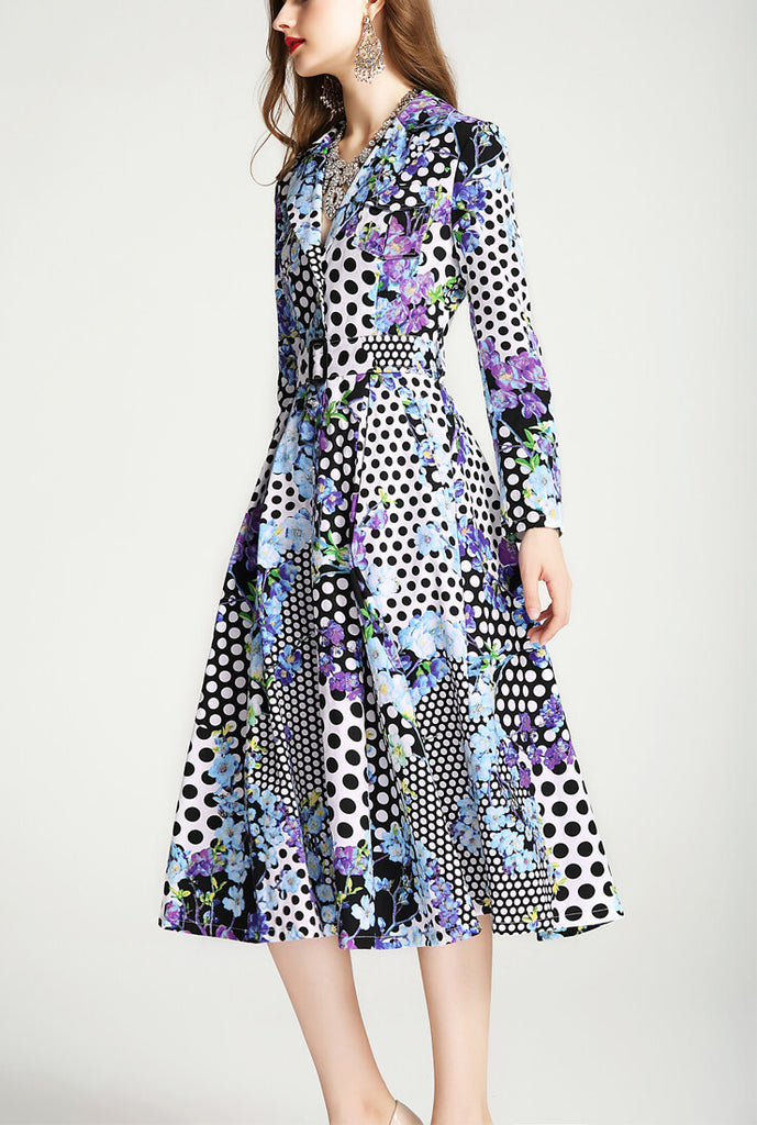 Retro Printed Cinched-Waist Trench Coat Dress