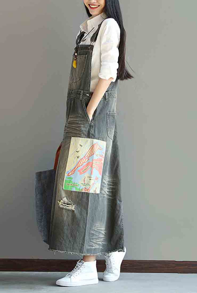 A-line Oversize Denim Strap Maxi Dress