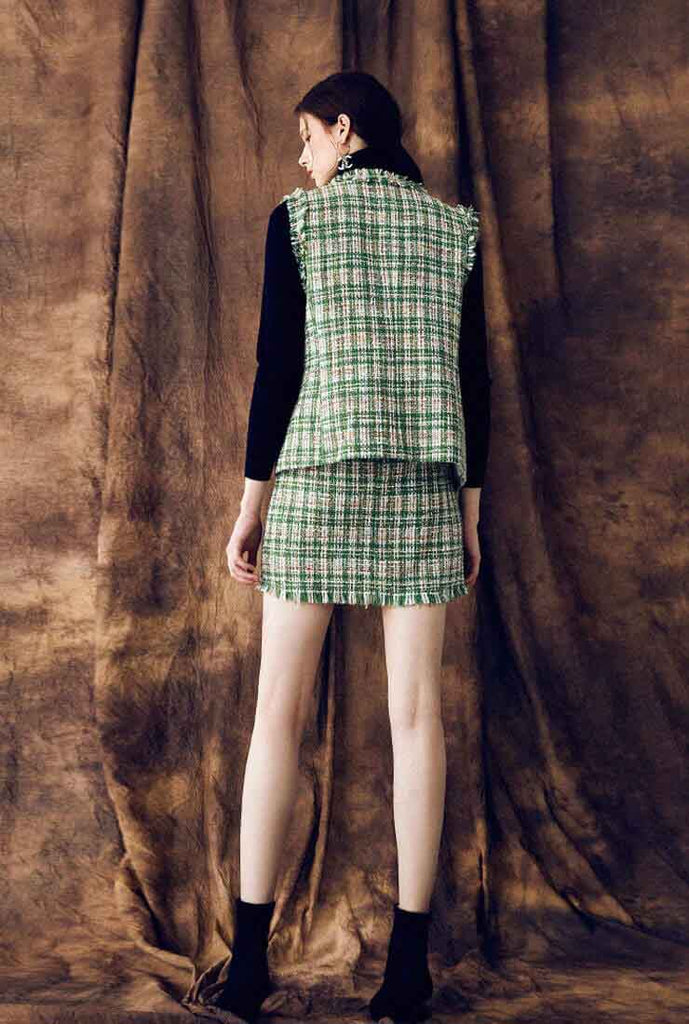 Avocado Green Slim Tweed Set Vest & Skirt