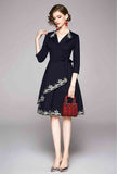 Black Embroidered A-line Midi Dress