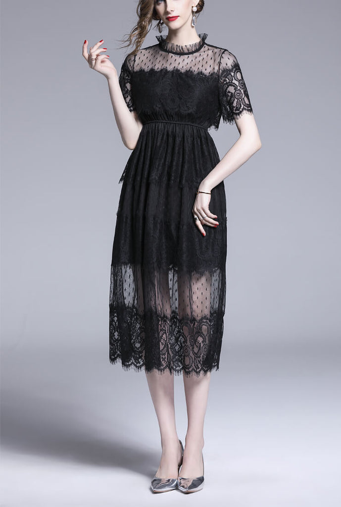Black Lace Short Sleeve Midi Dress