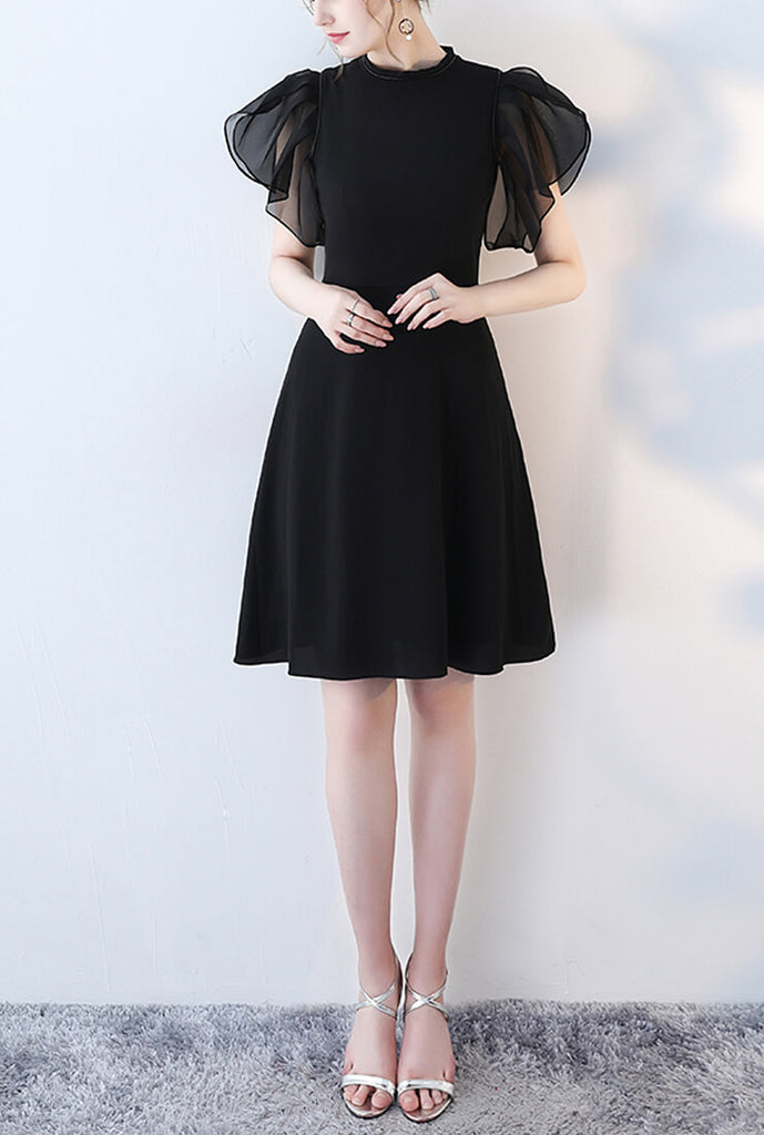 Black Puff Sleeve Waist Slim Mini Dress
