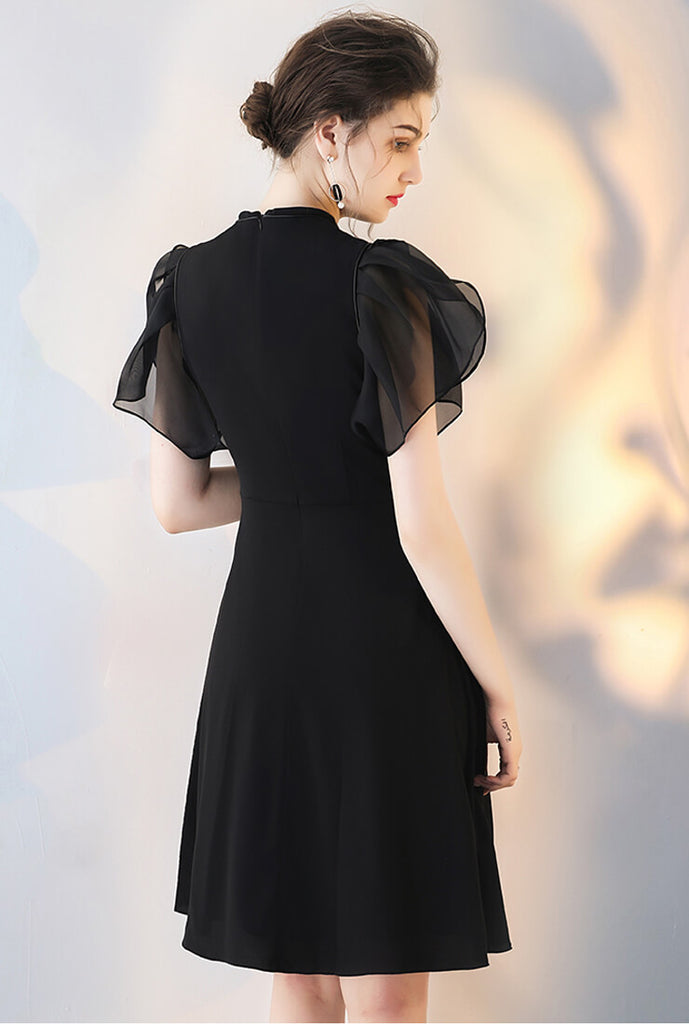 Black Puff Sleeve Waist Slim Mini Dress