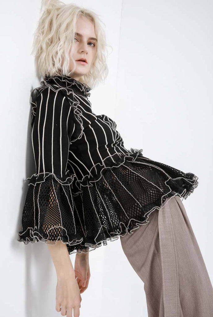 Black Ruffled Mesh Openwork Blouses