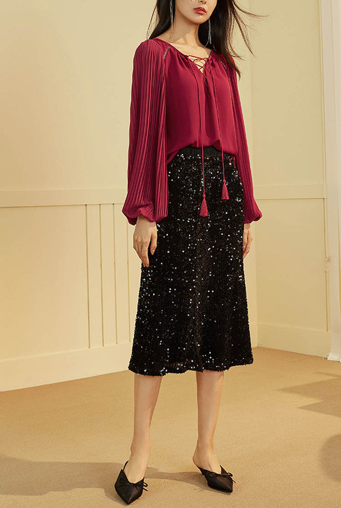 Black Sequined High Waist Midi Skirt