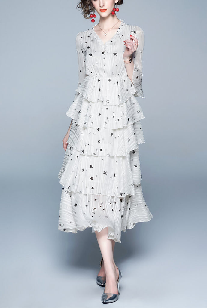 White V-neck Star Maxi Dress