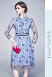 Blue Long Sleeve Lace Midi A-Line Dress