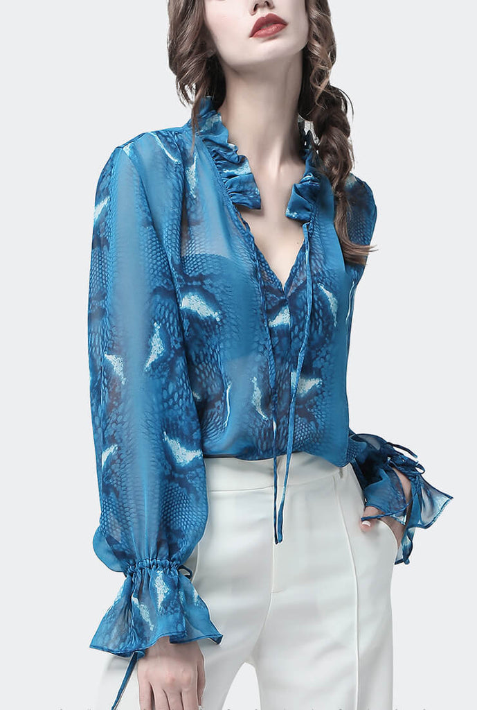 Blue Printed Chiffon Loose V-neck Shirt