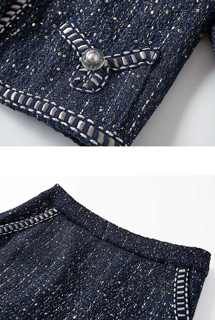 Dark Blue Tweed Jacket + Skirt Two-Piece Set