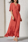 Bohemian V-neck Ruffled Red Maxi Dress