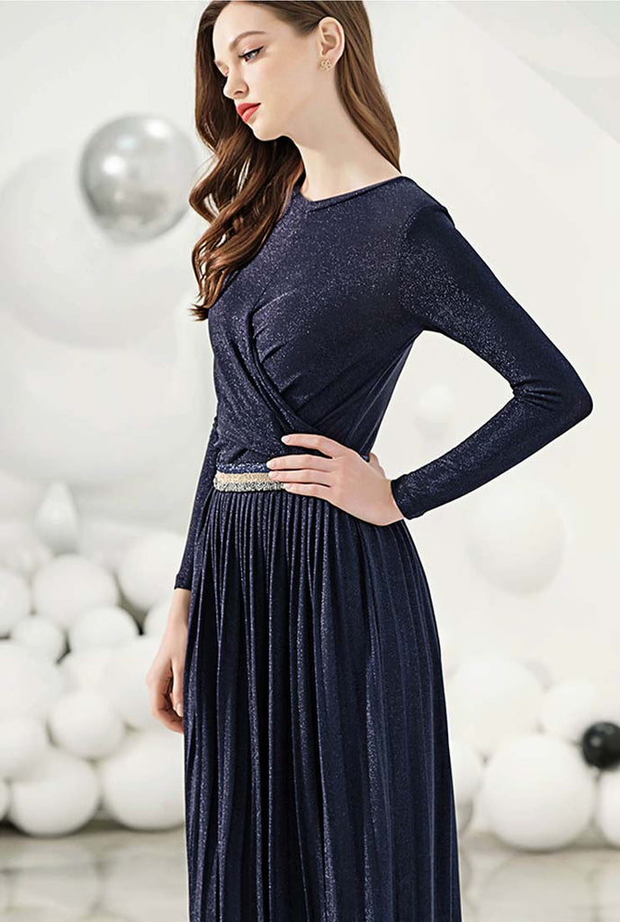 Bright Silk Knit Long-sleeved Pleated Midi Dress