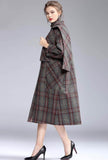 British Style A-line Removable Scarf Plaid Long Coat