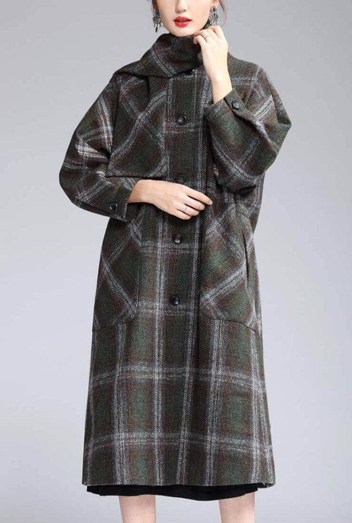 British Style A-line Removable Scarf Plaid Long Coat