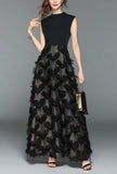 Black Fringe Feather Patchwork Formal Maxi Dress