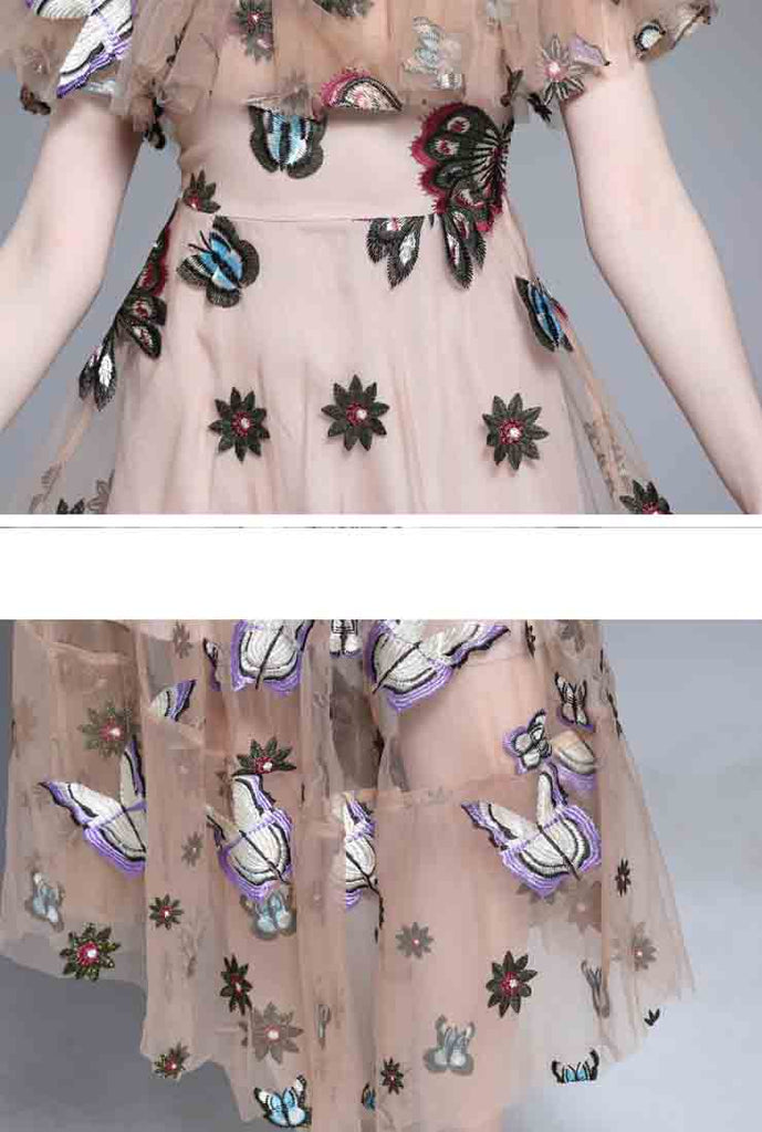 Butterfly Embroidered Mesh Maxi Dress